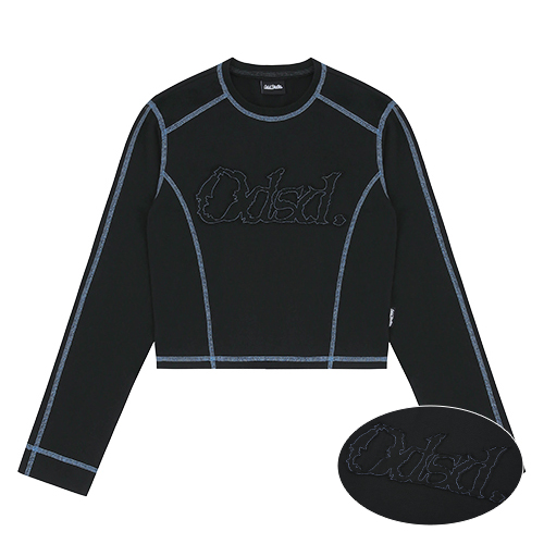 ODSD 컷오프 커버 스티치 세미 크롭 티셔츠 - BLACK