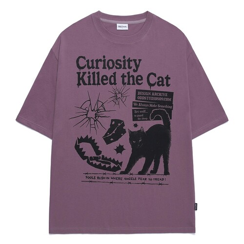 키치 캣 그래픽 오버핏 티셔츠 - DUSTY PURPLE